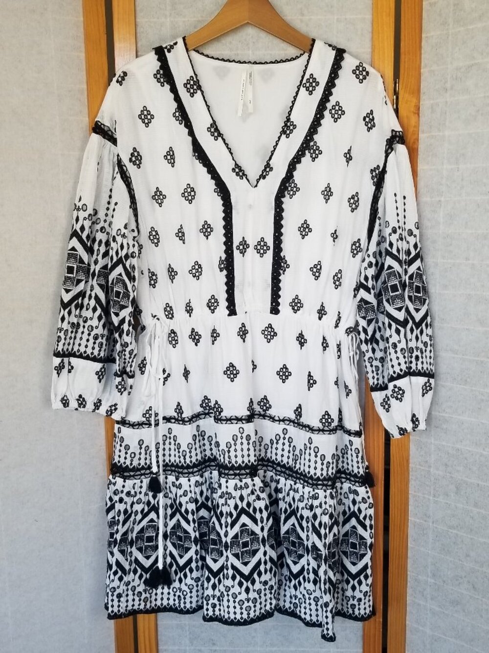 Anthropologie Francine Eyelet Mini Dress Black White Embroidered Size XLP Boho